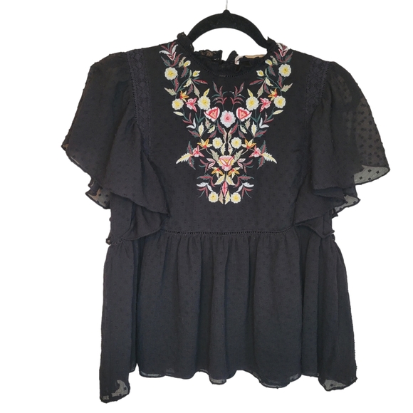 Zara Floral Boho Romantic Feminine Black Embroidered Top, Size Medium - Picture 2 of 6